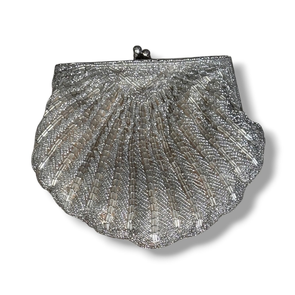 Walborg Vintage Silver Beaded Shell Clutch Purse Mermaidcore Evening Bag